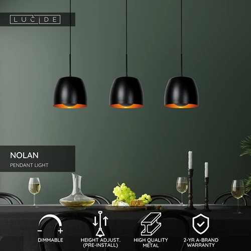 Lucide NOLAN - Pendant light - 3xE27 - Black - USP